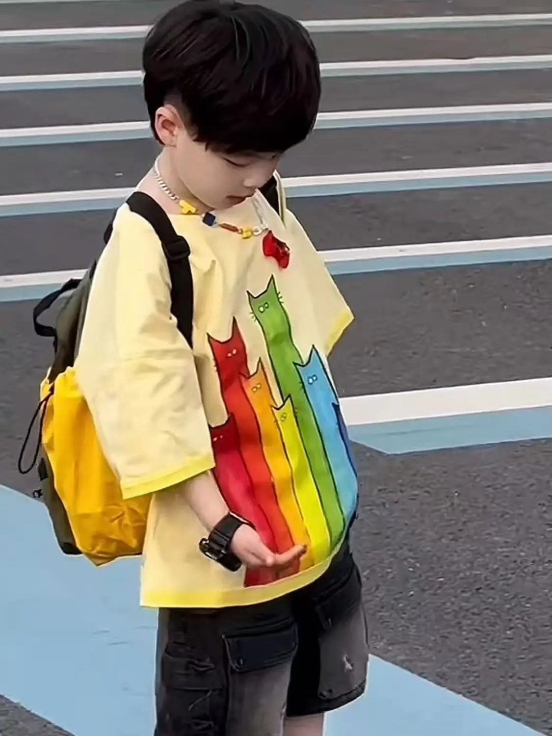 Children's Colorful Cat Print T-Shirt & Denim Pants Set — feature 6