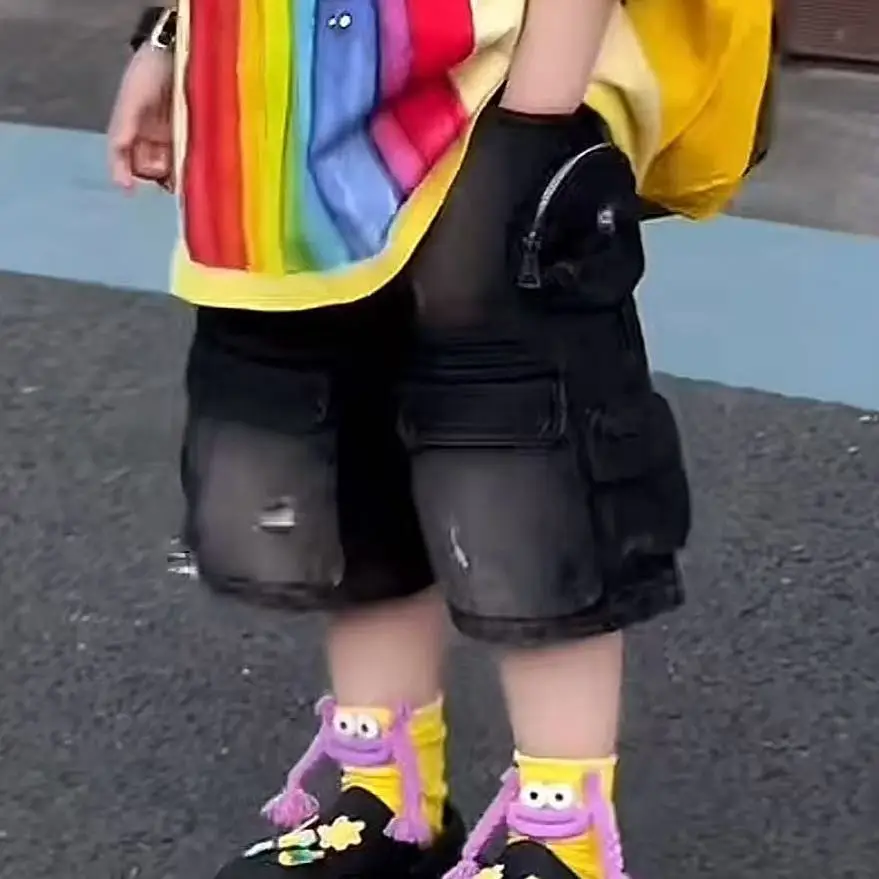 Kids Cat Print Shorts Set Yellow Denim Pants - Image 6