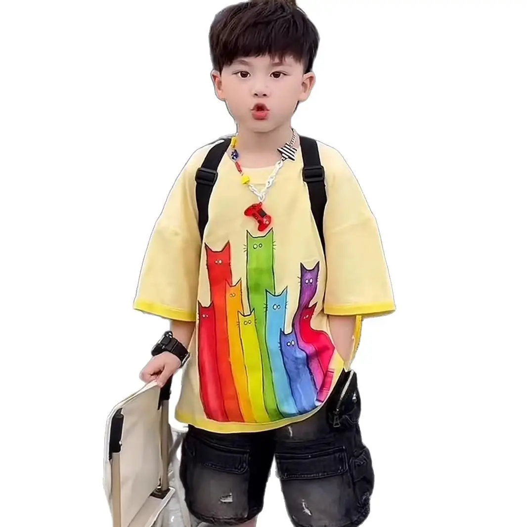 Kids Cat Print Shorts Set Yellow Denim Pants - Image 7