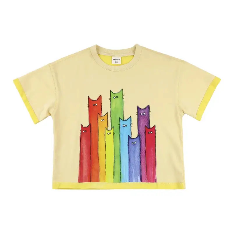 Kids Cat Print Shorts Set Yellow Denim Pants — feature 3