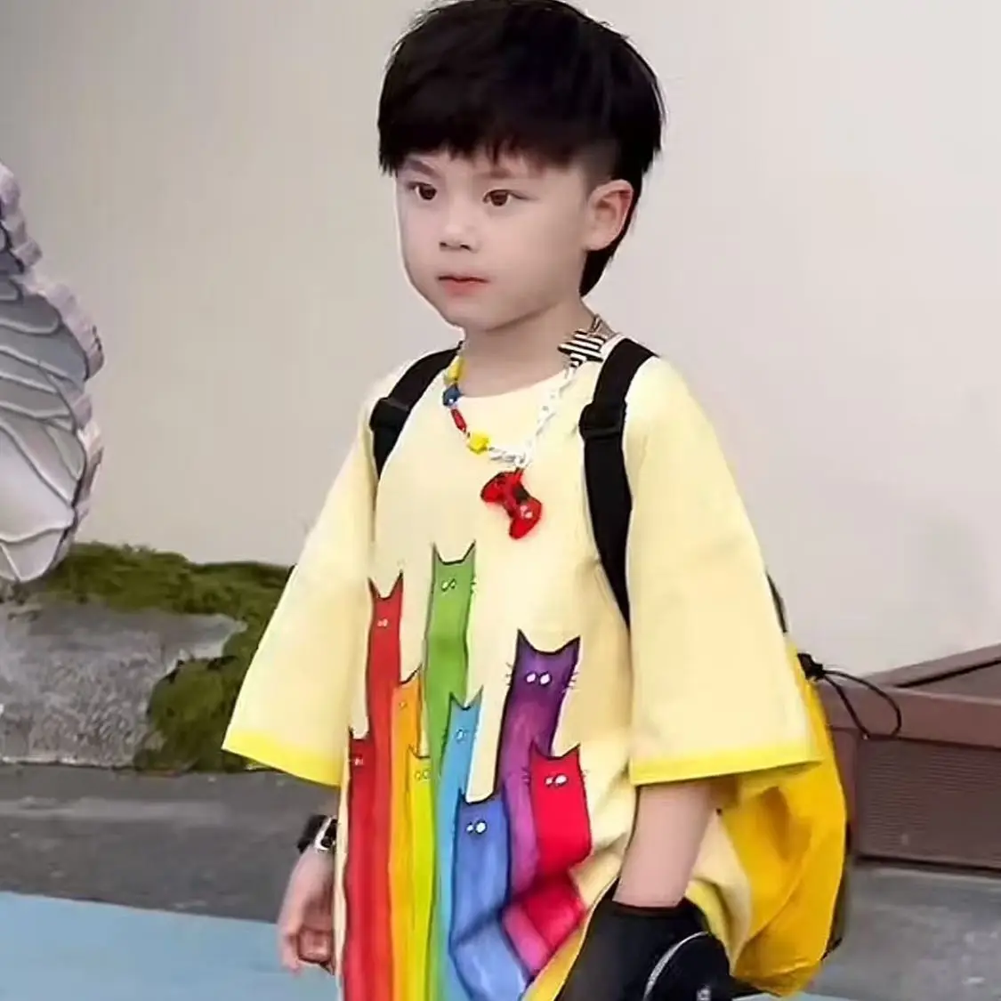 Kids Cat Print Shorts Set Yellow Denim Pants