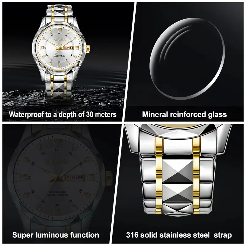 Men's Luminous Quartz Watch with Gold Strap - Image 13
