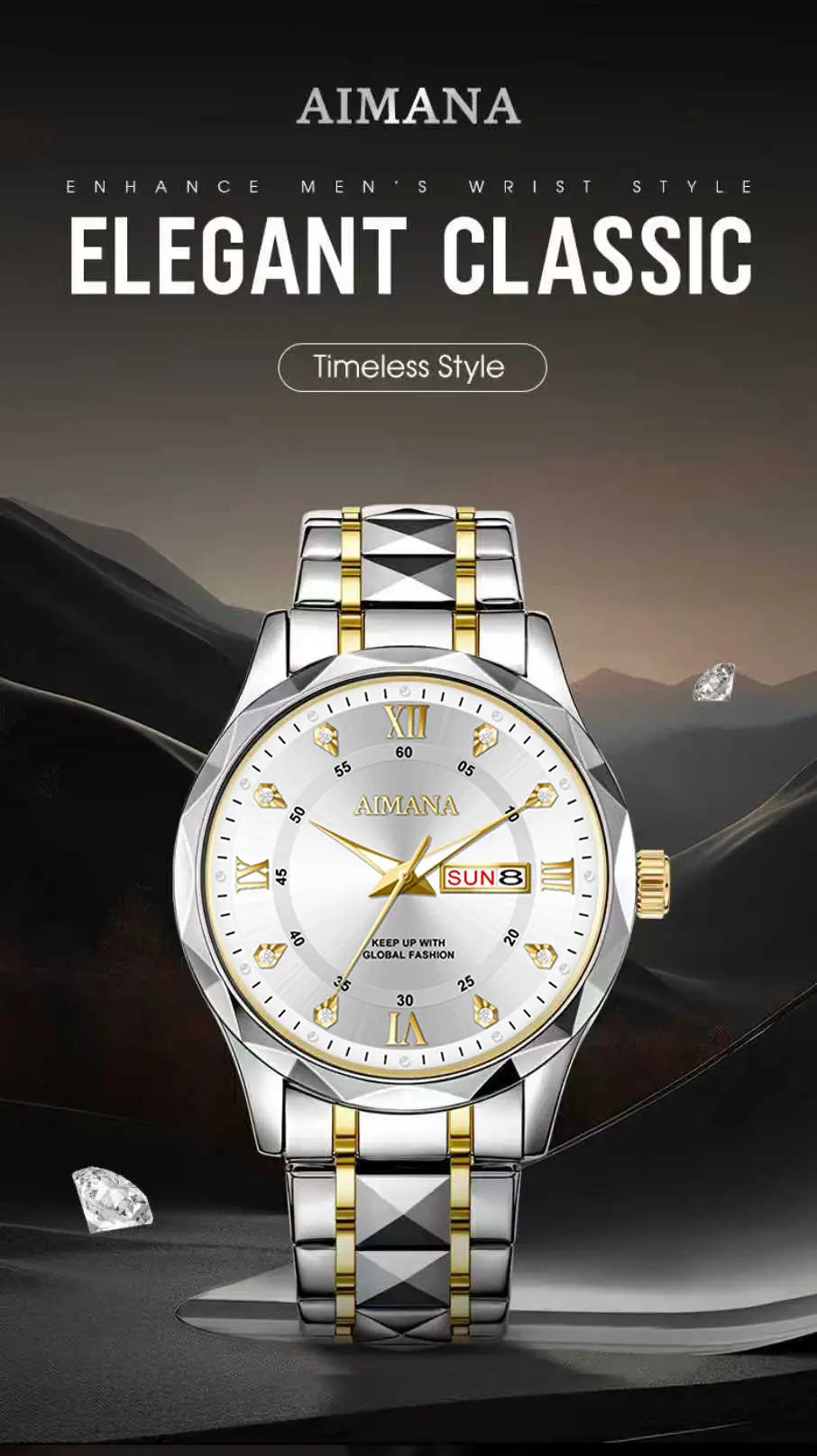 Men's Luminous Quartz Watch with Gold Strap — feature 3