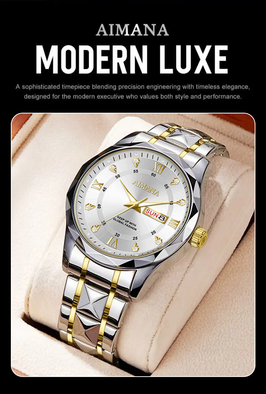 Men's Luminous Quartz Watch with Gold Strap — feature 5
