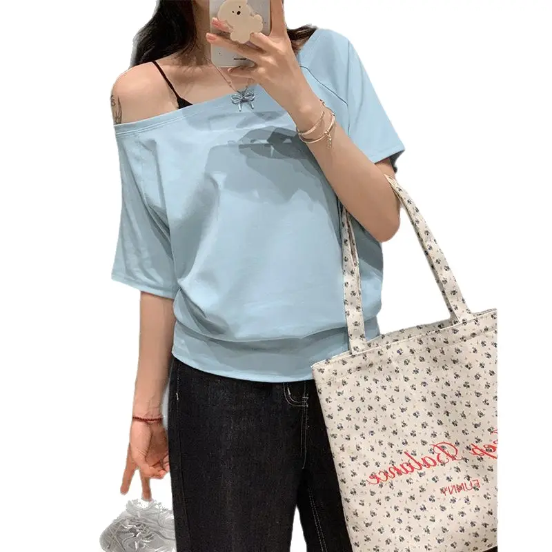 Zhang Yanyi Star's Same Style Slanted Shoulder Short-Sleeved T-Shirt Women's Off-Shoulder Shirt Summer Pure Desire Sexy Loose Black One-Shoulder Top t - Image 11