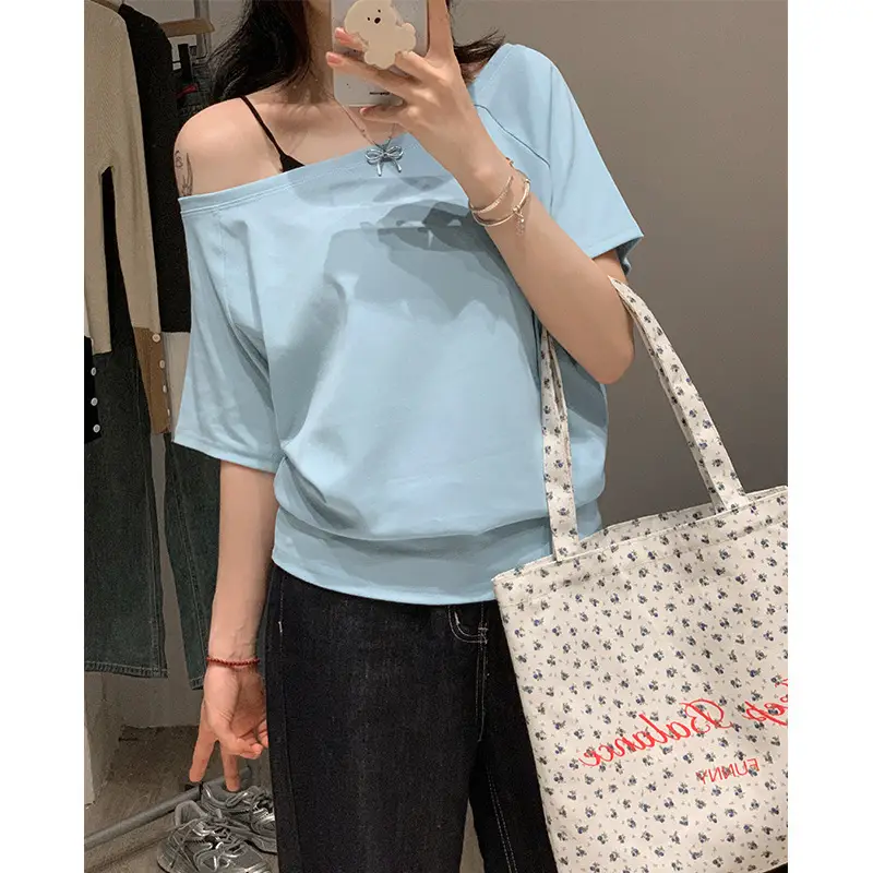 Zhang Yanyi Star's Same Style Slanted Shoulder Short-Sleeved T-Shirt Women's Off-Shoulder Shirt Summer Pure Desire Sexy Loose Black One-Shoulder Top t — feature 10