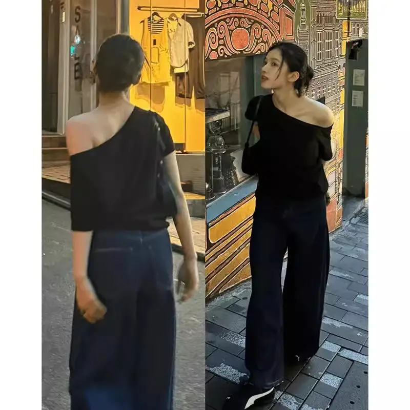 Zhang Yanyi Star's Same Style Slanted Shoulder Short-Sleeved T-Shirt Women's Off-Shoulder Shirt Summer Pure Desire Sexy Loose Black One-Shoulder Top t — feature 4