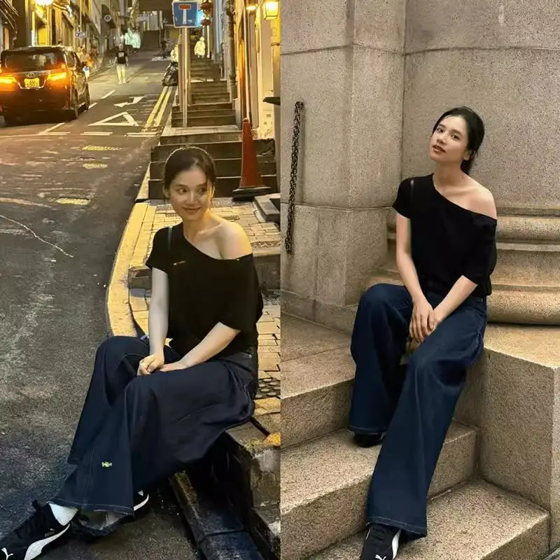 Zhang Yanyi Star's Same Style Slanted Shoulder Short-Sleeved T-Shirt Women's Off-Shoulder Shirt Summer Pure Desire Sexy Loose Black One-Shoulder Top t — feature 5