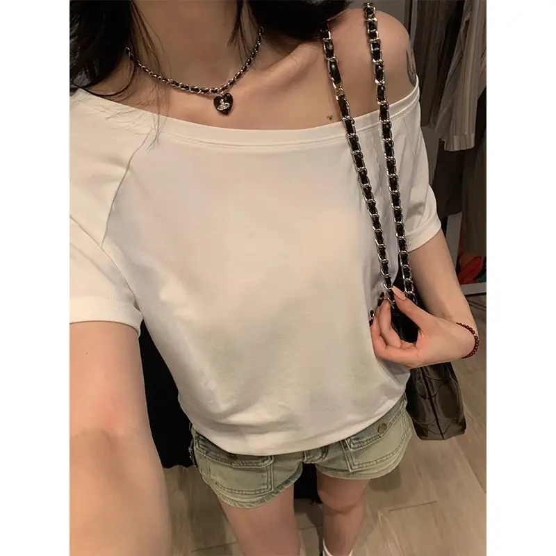 Zhang Yanyi Star's Same Style Slanted Shoulder Short-Sleeved T-Shirt Women's Off-Shoulder Shirt Summer Pure Desire Sexy Loose Black One-Shoulder Top t — feature 7