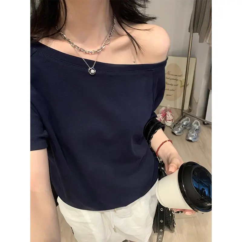 Zhang Yanyi Star's Same Style Slanted Shoulder Short-Sleeved T-Shirt Women's Off-Shoulder Shirt Summer Pure Desire Sexy Loose Black One-Shoulder Top t — feature 9