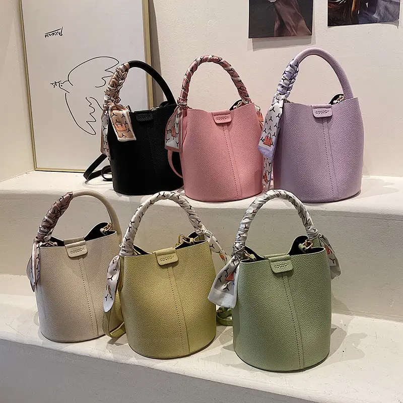 Pink Leather Bucket Bag with Logo Work for Women - Image 10