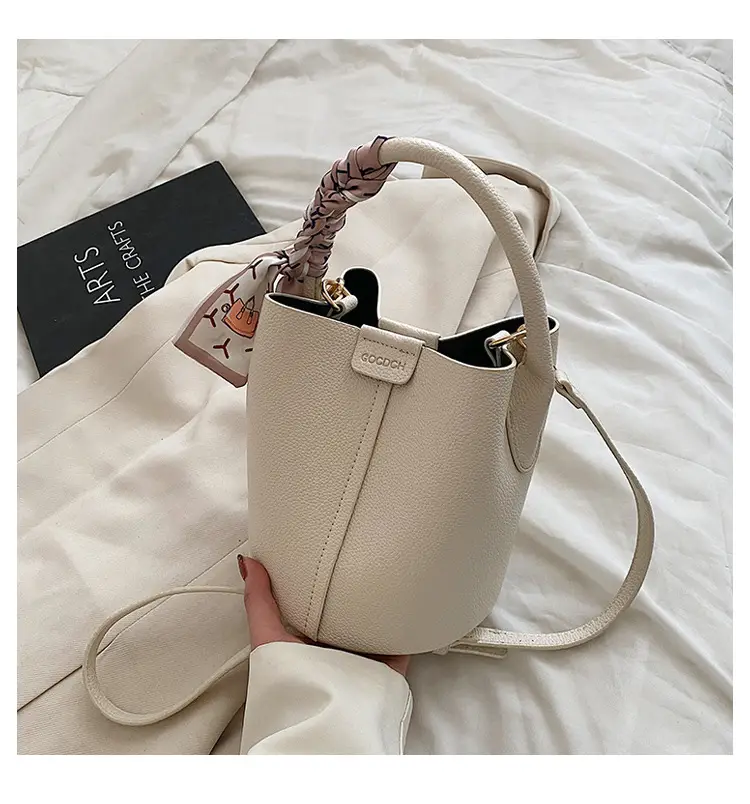 Pink Leather Bucket Bag with Logo Work for Women — feature 21