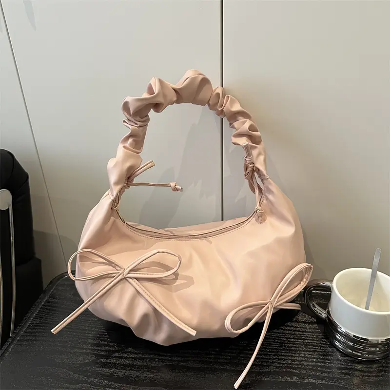 White Pleated Bow Shoulder Bag for Women - Image 6
