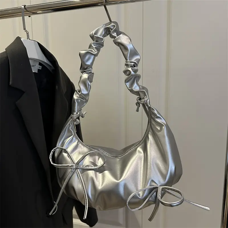White Pleated Bow Shoulder Bag for Women - Image 7