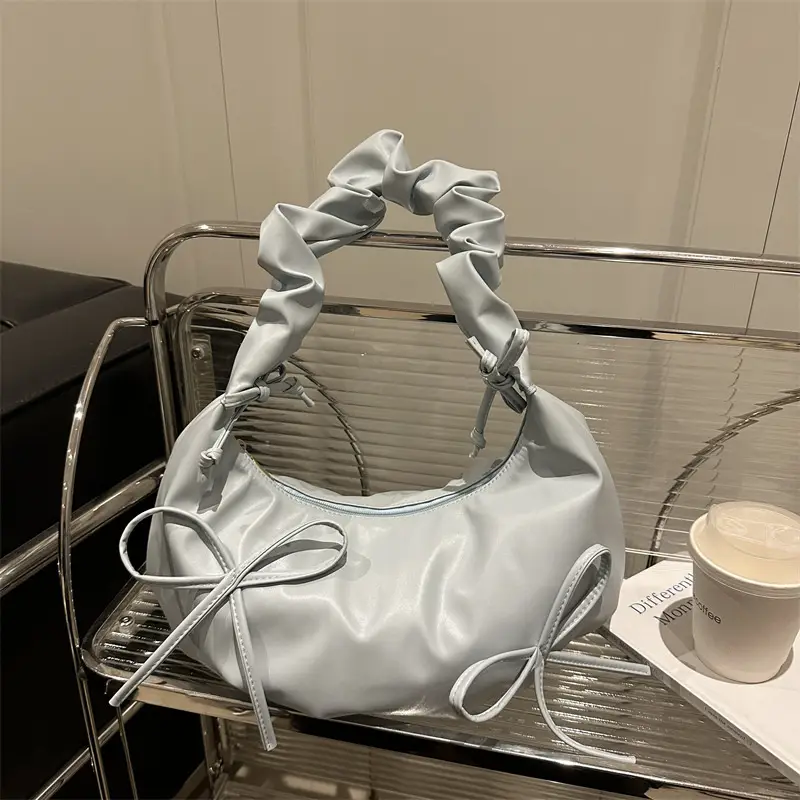 White Pleated Bow Shoulder Bag for Women - Image 8