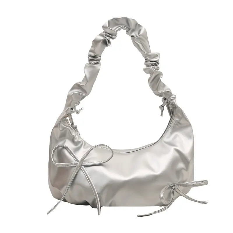 White Pleated Bow Shoulder Bag for Women - Image 9