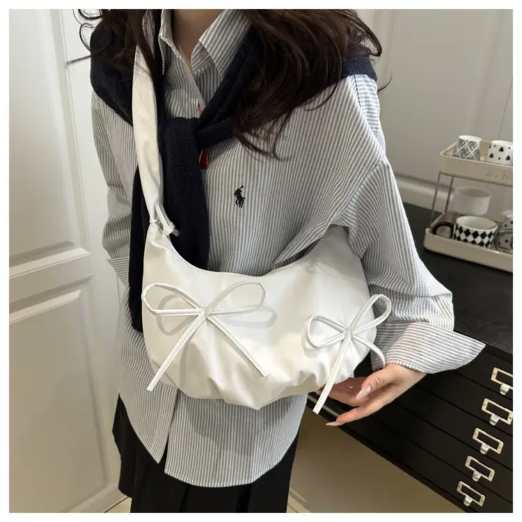 White Pleated Bow Shoulder Bag for Women — feature 19