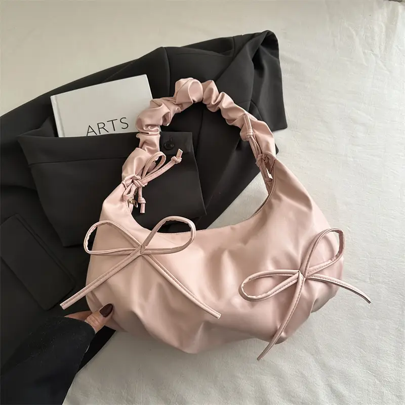 White Pleated Bow Shoulder Bag for Women - Image 2