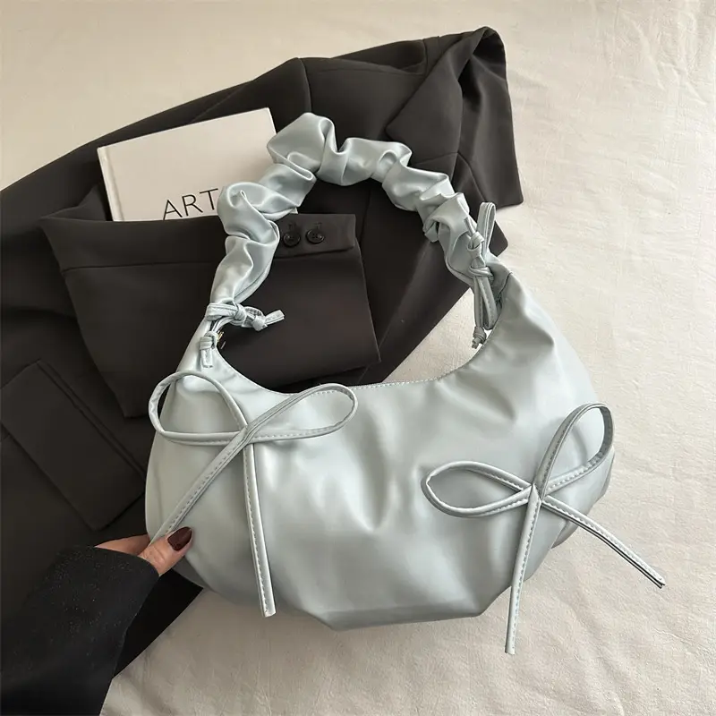 White Pleated Bow Shoulder Bag for Women - Image 4
