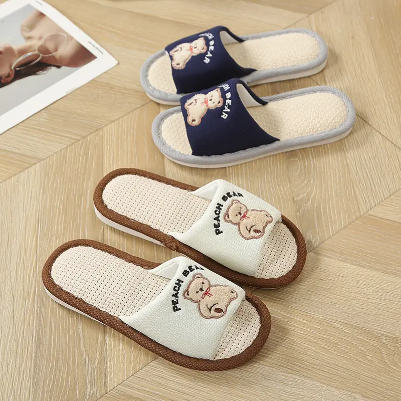 Happy Bear Linen Slippers Women's Home Indoor Four Seasons Sweat-Absorbent Cute Silent Student Dormitory Cotton Linen Slippers