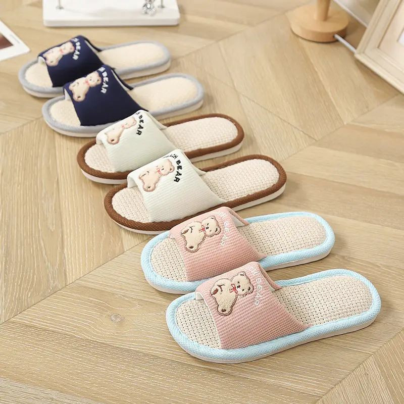 Happy Bear Linen Slippers Women's Home Indoor Four Seasons Sweat-Absorbent Cute Silent Student Dormitory Cotton Linen Slippers