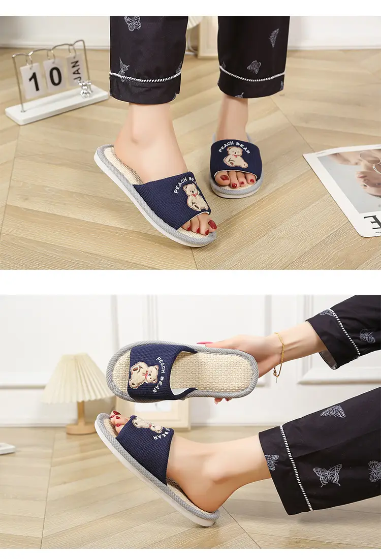 Happy Bear Linen Slippers Women's Home Indoor Four Seasons Sweat-Absorbent Cute Silent Student Dormitory Cotton Linen Slippers — feature 14