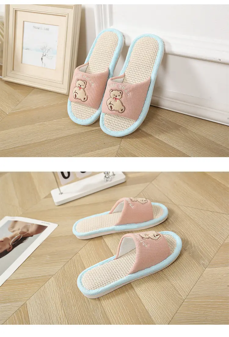Happy Bear Linen Slippers Women's Home Indoor Four Seasons Sweat-Absorbent Cute Silent Student Dormitory Cotton Linen Slippers — feature 18