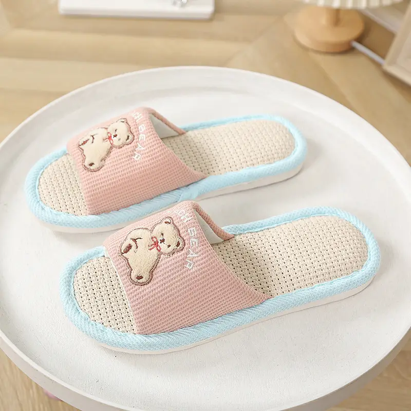 Happy Bear Linen Slippers Women's Home Indoor Four Seasons Sweat-Absorbent Cute Silent Student Dormitory Cotton Linen Slippers