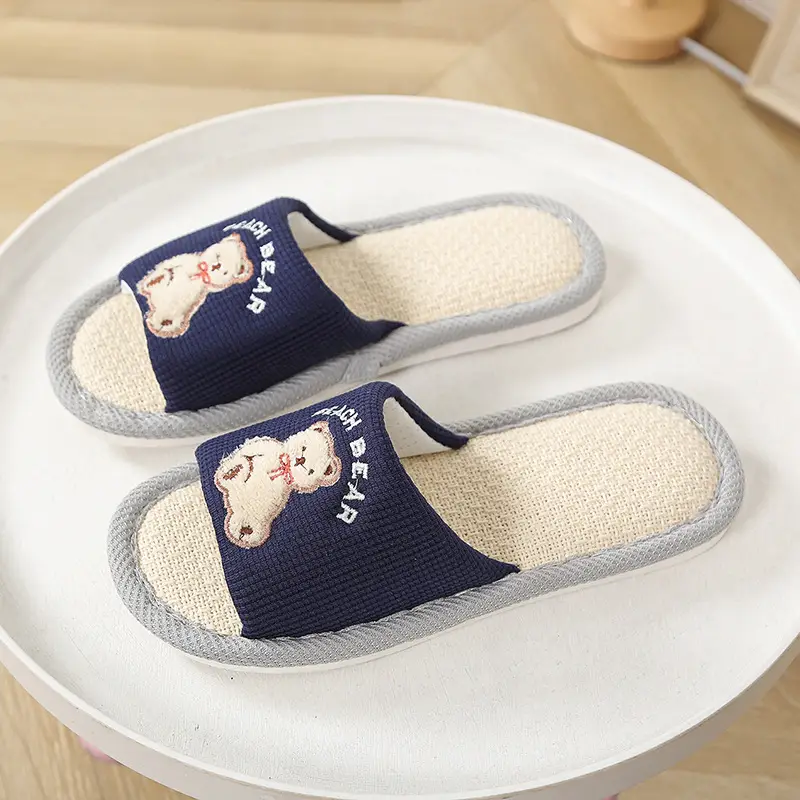 Happy Bear Linen Slippers Women's Home Indoor Four Seasons Sweat-Absorbent Cute Silent Student Dormitory Cotton Linen Slippers