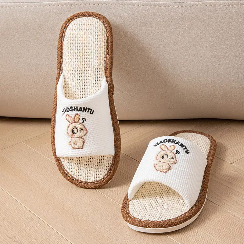 Happy Bear Linen Slippers Women's Home Indoor Four Seasons Sweat-Absorbent Cute Silent Student Dormitory Cotton Linen Slippers