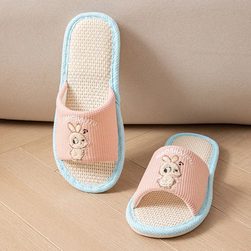Happy Bear Linen Slippers Women's Home Indoor Four Seasons Sweat-Absorbent Cute Silent Student Dormitory Cotton Linen Slippers