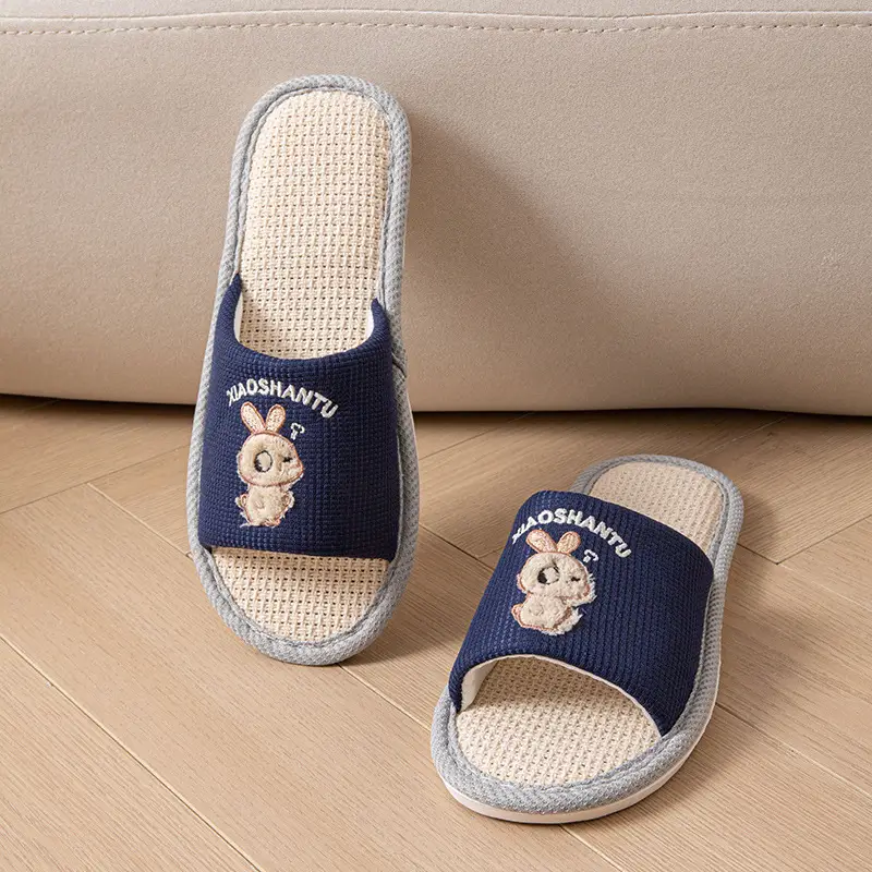 Happy Bear Linen Slippers Women's Home Indoor Four Seasons Sweat-Absorbent Cute Silent Student Dormitory Cotton Linen Slippers