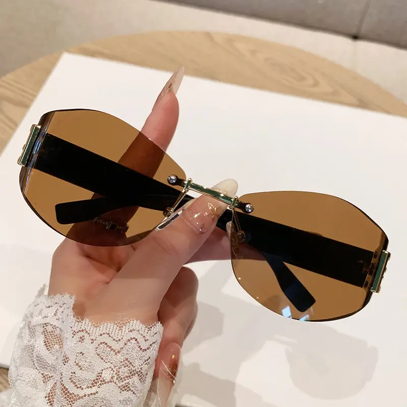 Retro Frameless Oval Curved Sunglasses Women Hot Girls Y2K Metal Ins