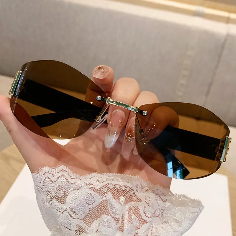 Retro Frameless Oval Curved Sunglasses Women Hot Girls Y2K Metal Ins