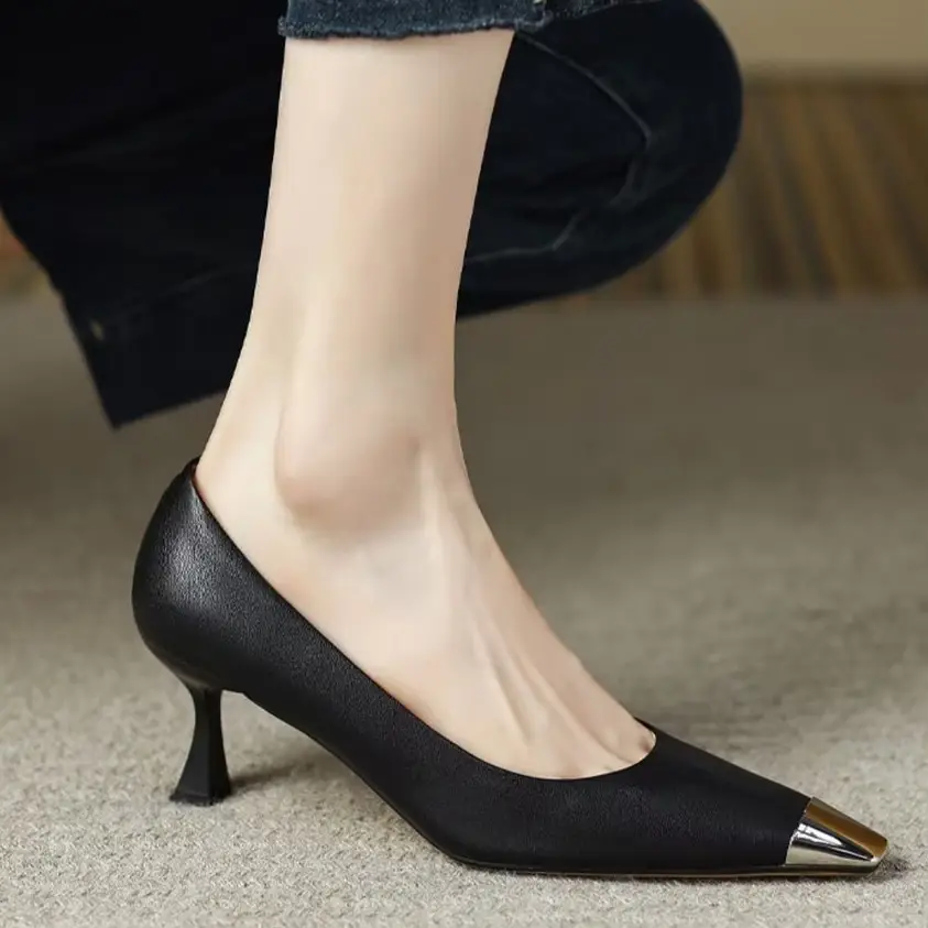 French Style Square Toe High Heels Women's Stiletto Heel Niche Design High-grade Metal Head Elegant Socialite Shallow Mouth Professional Single Shoes - Image 3