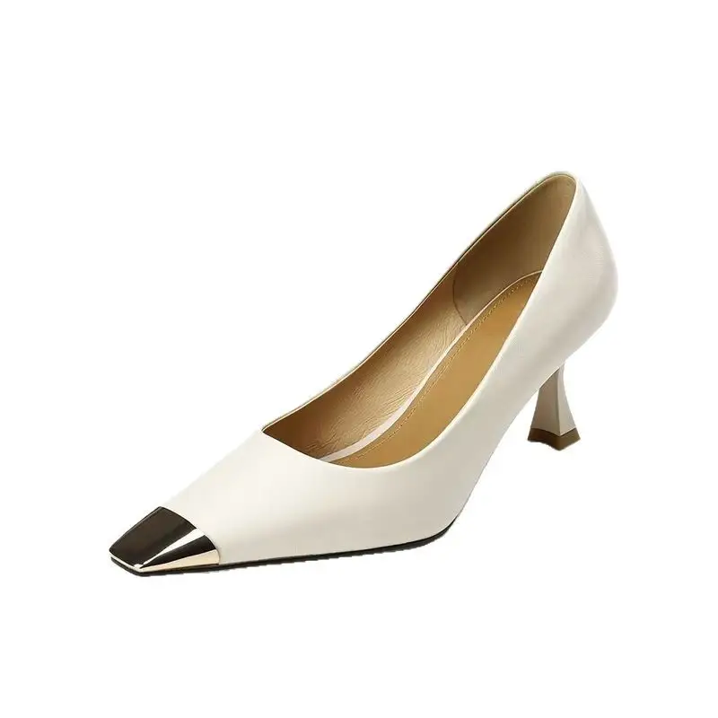 French Style Square Toe High Heels Women's Stiletto Heel Niche Design High-grade Metal Head Elegant Socialite Shallow Mouth Professional Single Shoes - Image 6