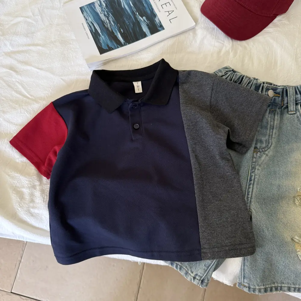 Boys Polo T-Shirt Navy Red Grey Lapel Summer — feature 2