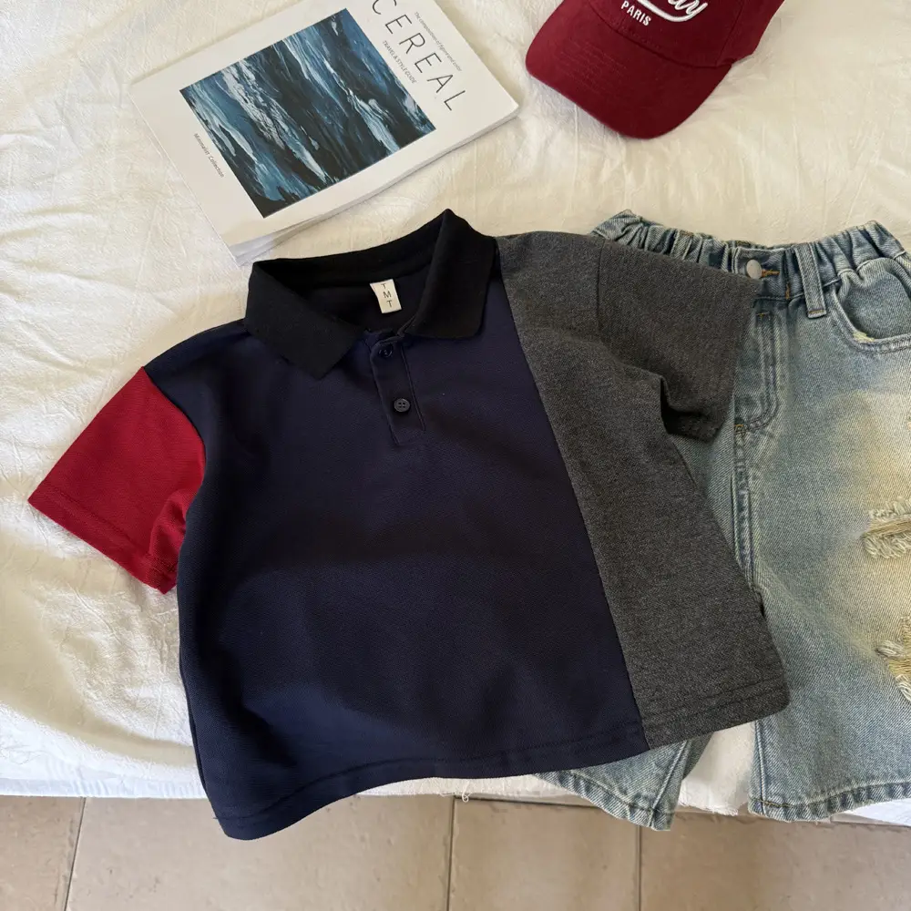 Boys Polo T-Shirt Navy Red Grey Lapel Summer — feature 3