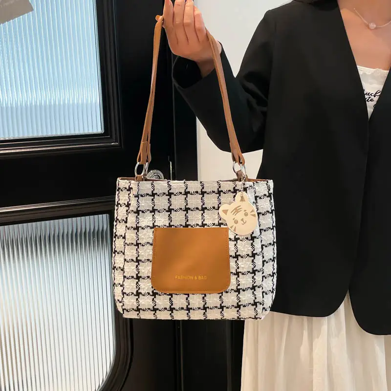 2025 Women's Checkered Shoulder Bag with White Leather Trim - Image 6