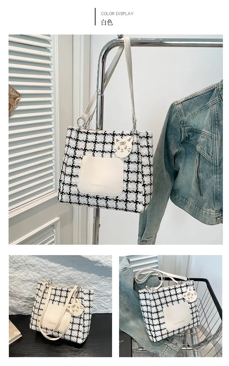 2025 Women's Checkered Shoulder Bag with White Leather Trim — feature 13