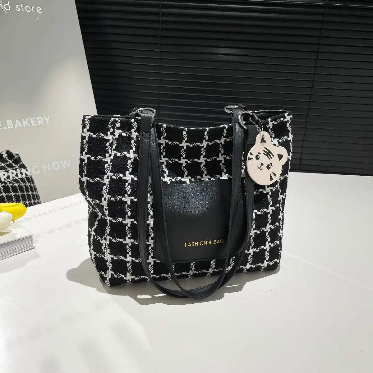 2025 Women's Checkered Shoulder Bag with White Leather Trim - Image 2