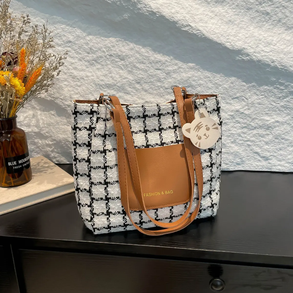 2025 Women's Checkered Shoulder Bag with White Leather Trim - Image 3