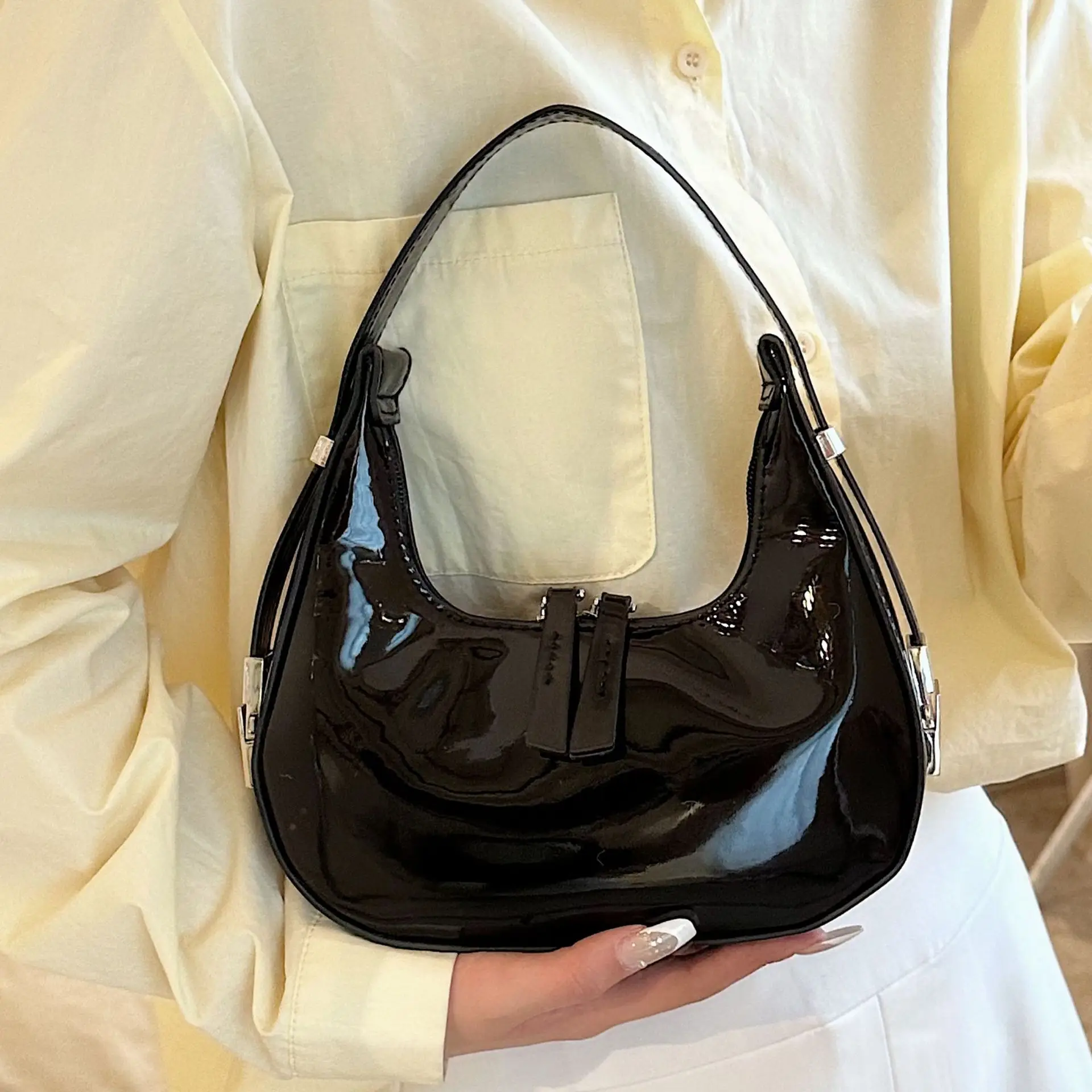 Black Glossy French Crescent Shoulder Bag for Women - Image 6