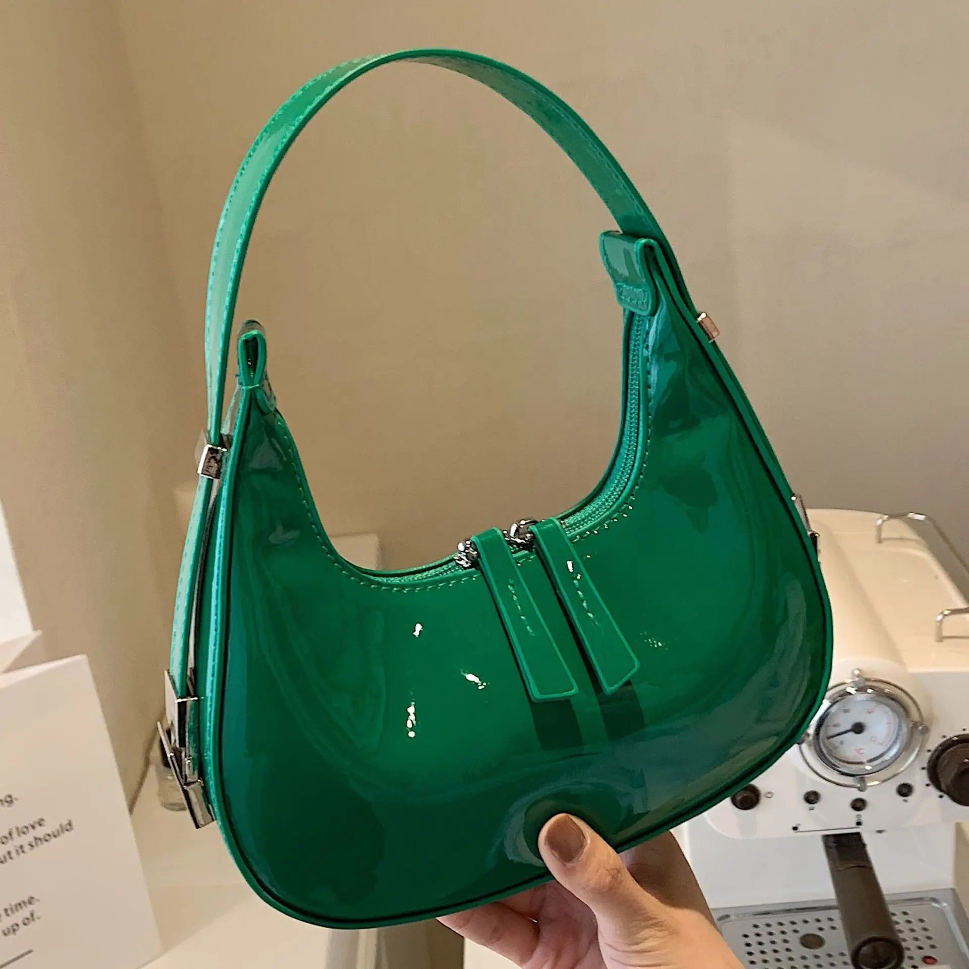Black Glossy French Crescent Shoulder Bag for Women - Image 7