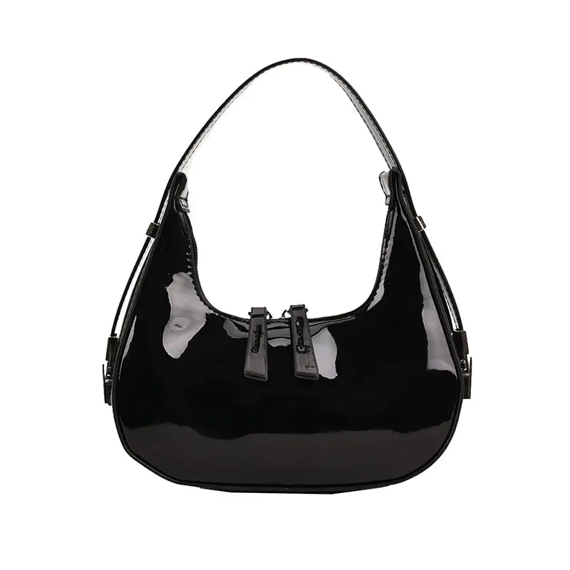 Black Glossy French Crescent Shoulder Bag for Women - Image 9
