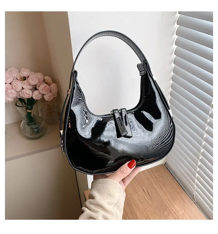 Black Glossy French Crescent Shoulder Bag for Women — feature 1
