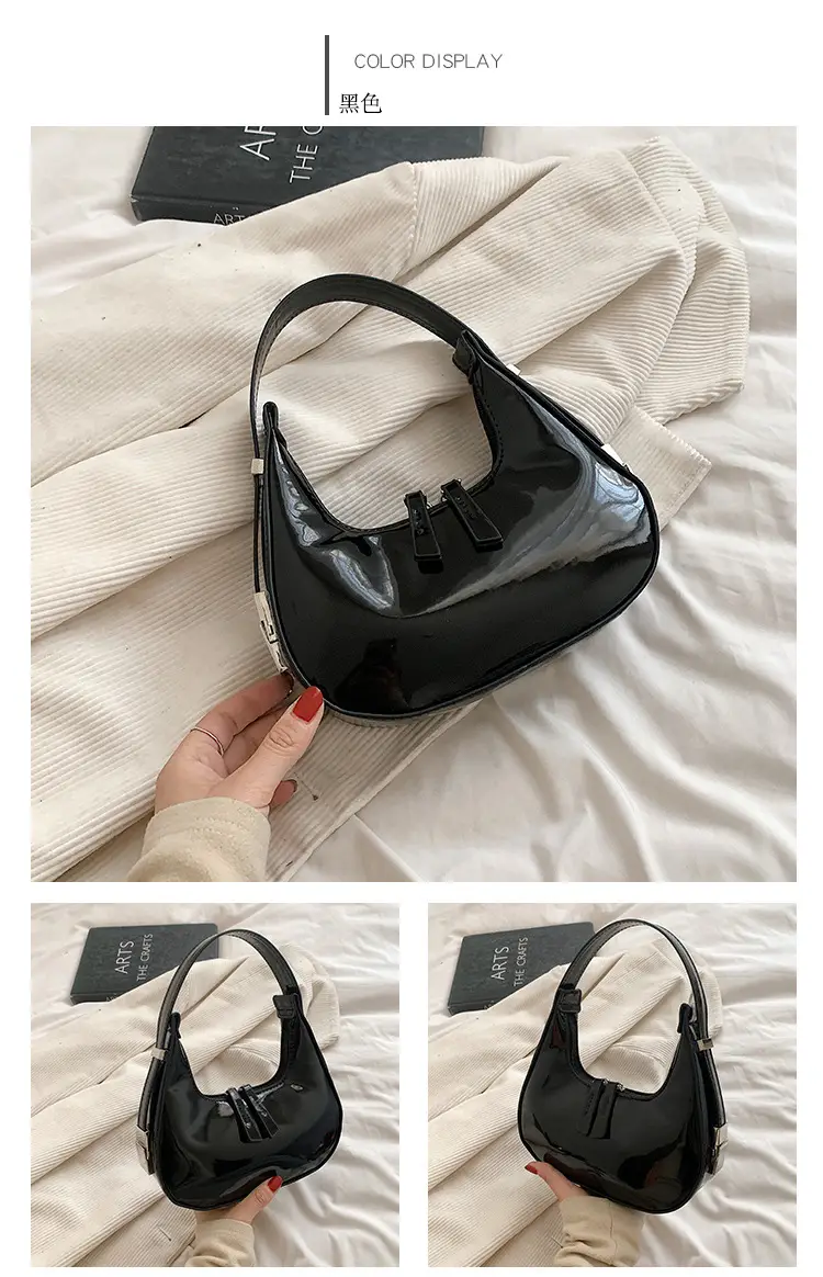 Black Glossy French Crescent Shoulder Bag for Women — feature 11