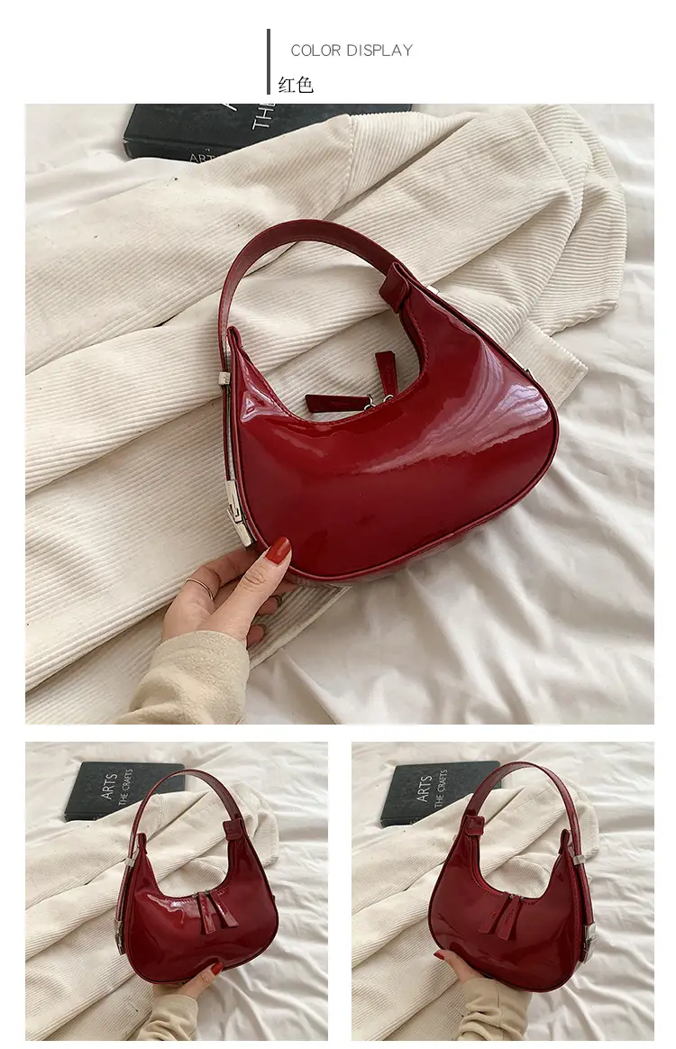 Black Glossy French Crescent Shoulder Bag for Women — feature 12
