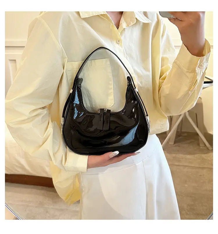 Black Glossy French Crescent Shoulder Bag for Women — feature 26