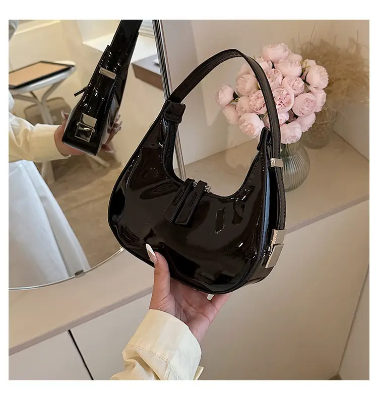 Black Glossy French Crescent Shoulder Bag for Women — feature 27